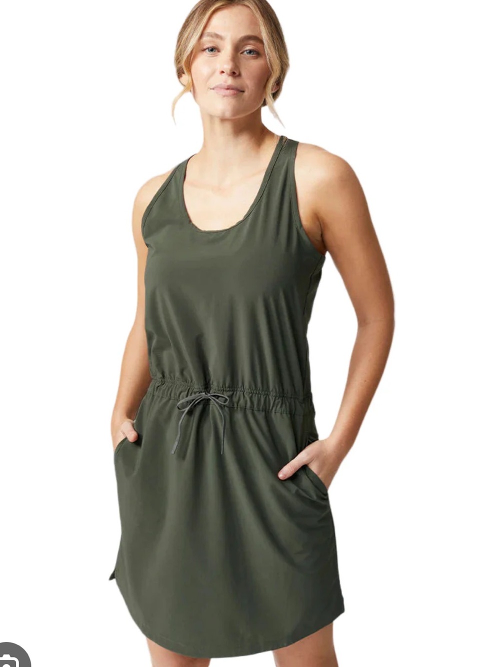 Stio Olive Green Sleeveless Drawstring Mini Dress